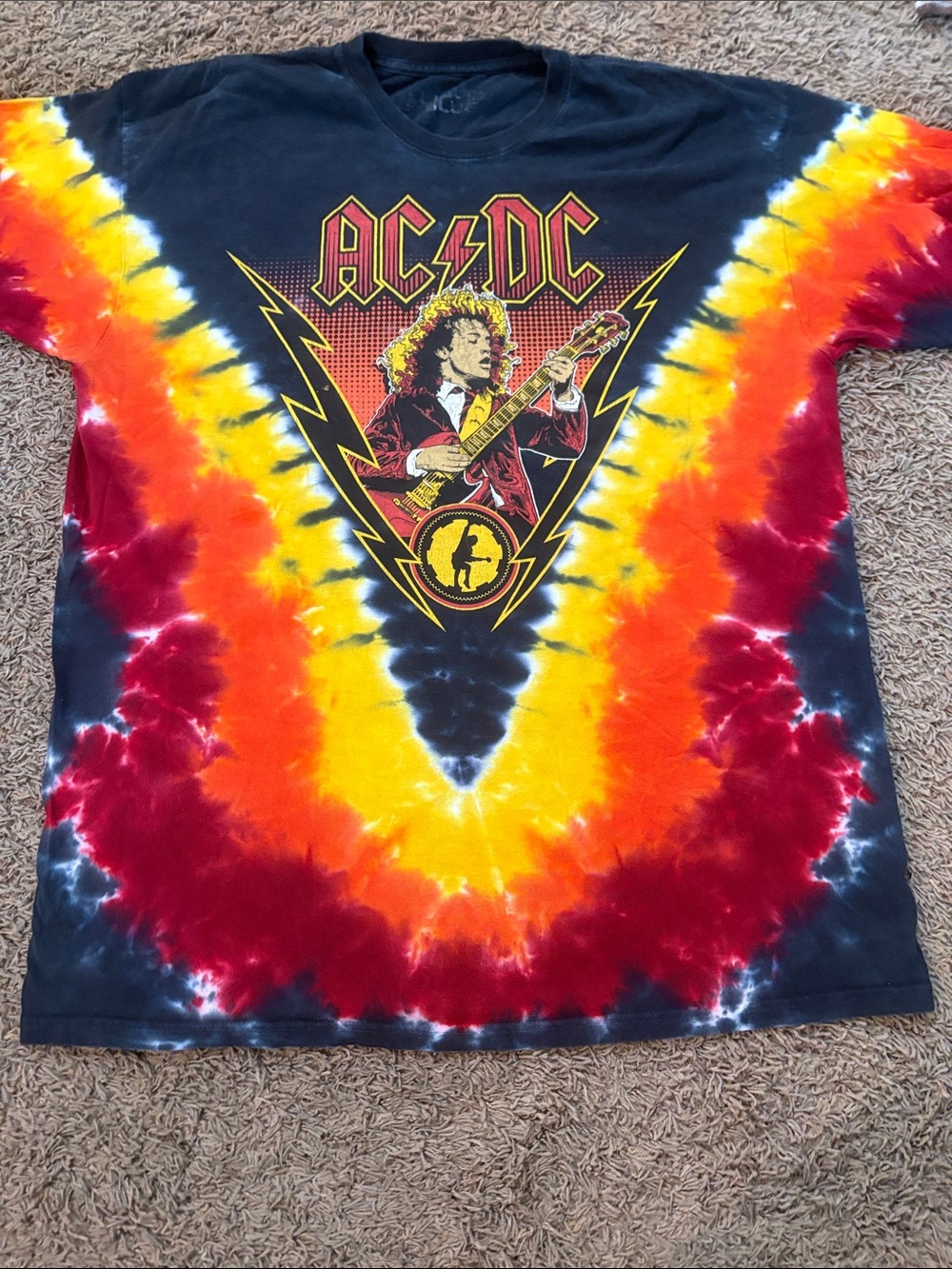 AC/DC Kids Tie-Dye V‑Neck Graphic Tee in Black, Yellow & Red